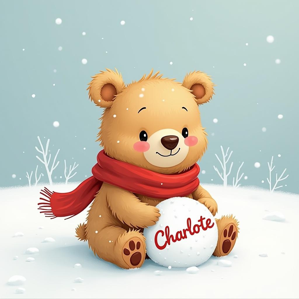 Cartoon bear sitting in snow holding a snowball with the name Charlotte. The bear wears a red scarf. Soft winter background with light snowflakes. Cheerful and adorable character design.