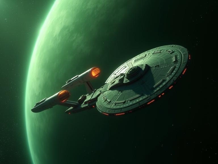 A futuristic starship orbiting a vibrant green planet. The starship mirrors designs from Star Trek: The Next Generation. Bright lights illuminate the framework of the spaceship. The image captures the vastness of space and the sleek design of the starship.