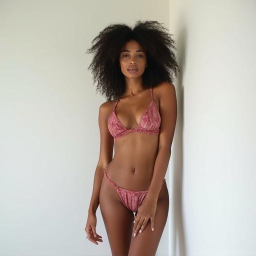 Model wearing bikini confidently posing in a minimalist environment. She has beautiful black hair and stands gracefully. Suitable for fashion and lifestyle contexts.
