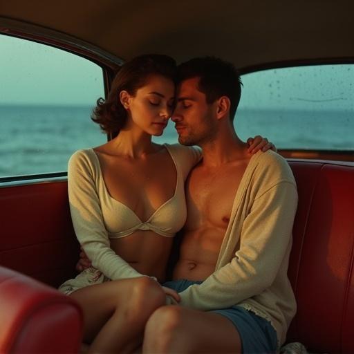 Couple in 1950s car on summer dawn. Married secretary in cropped cardigan and tiny bikini hugs man in swimming trunks. Eyes closed; romantic atmosphere with rain outside.