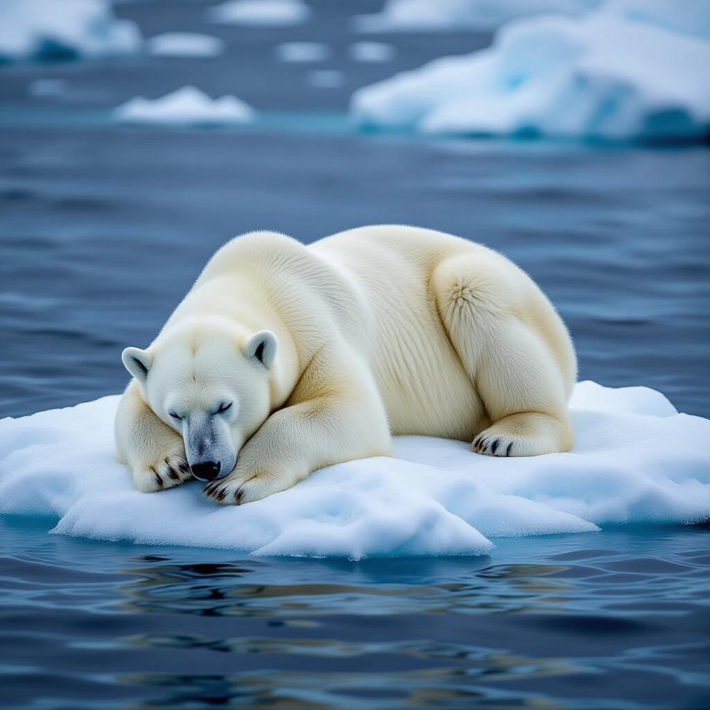 Solitary polar bear lying on small ice floe. Bear sleeping with head on paws. Surrounding water is dark. Ice is diminishing in the Arctic. Shallow depth of field.