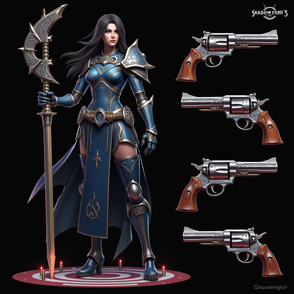 The image depicts a powerful female warrior poised for battle against a dark background. She has long, dark hair and wears a stylish yet battle-ready outfit, merging modern and traditional designs. The character holds an elaborate weapon, radiating strength and confidence. Several fictional firearms surround her, showcasing different angles and potential customizations. One weapon, Kra’shikt, captures attention with its wave-like blade that glows subtly. A carefully detailed vintage revolver is also featured, highlighting craftsmanship. The setting emphasizes a blend of fantasy and realistic combat aesthetics, making it appealing to action and fantasy fans.