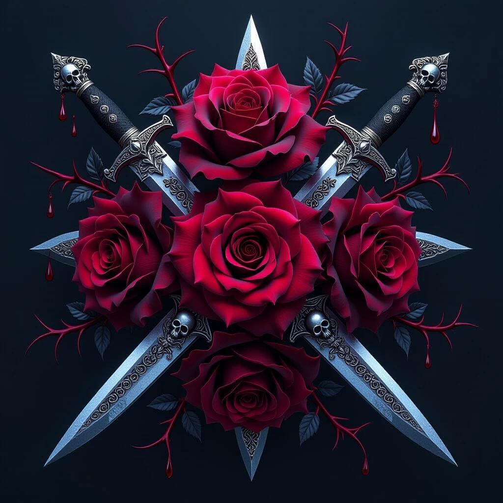 Hyper-detailed surreal arrangement of deep red gothic roses with ornate daggers. Rich textures on petals; some velvet-like some glossy. Sharp thorns spiral outward. Dark silver blades with runes and skulls. Chaotic elegant cluster floating in space. Soft ambient shadows and dramatic lighting with blood-like droplets. Black background. Ultra-realistic textures and high contrast.