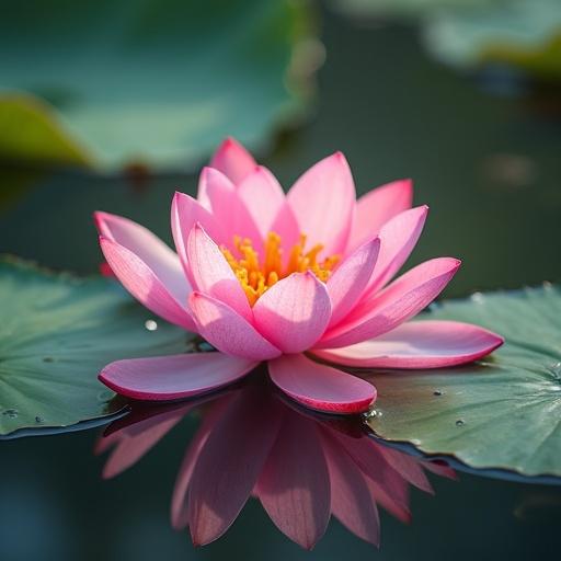 A graceful frog resting on a lotus flower leaf next to a beautiful and colorful lotus blossom. The leaf floats calmly on clear water. It is near the shore with bulrush and wildflowers. A dragonfly touches the water creating small circular waves. Ultra-realistic natural lighting with a feeling of calm and coziness.