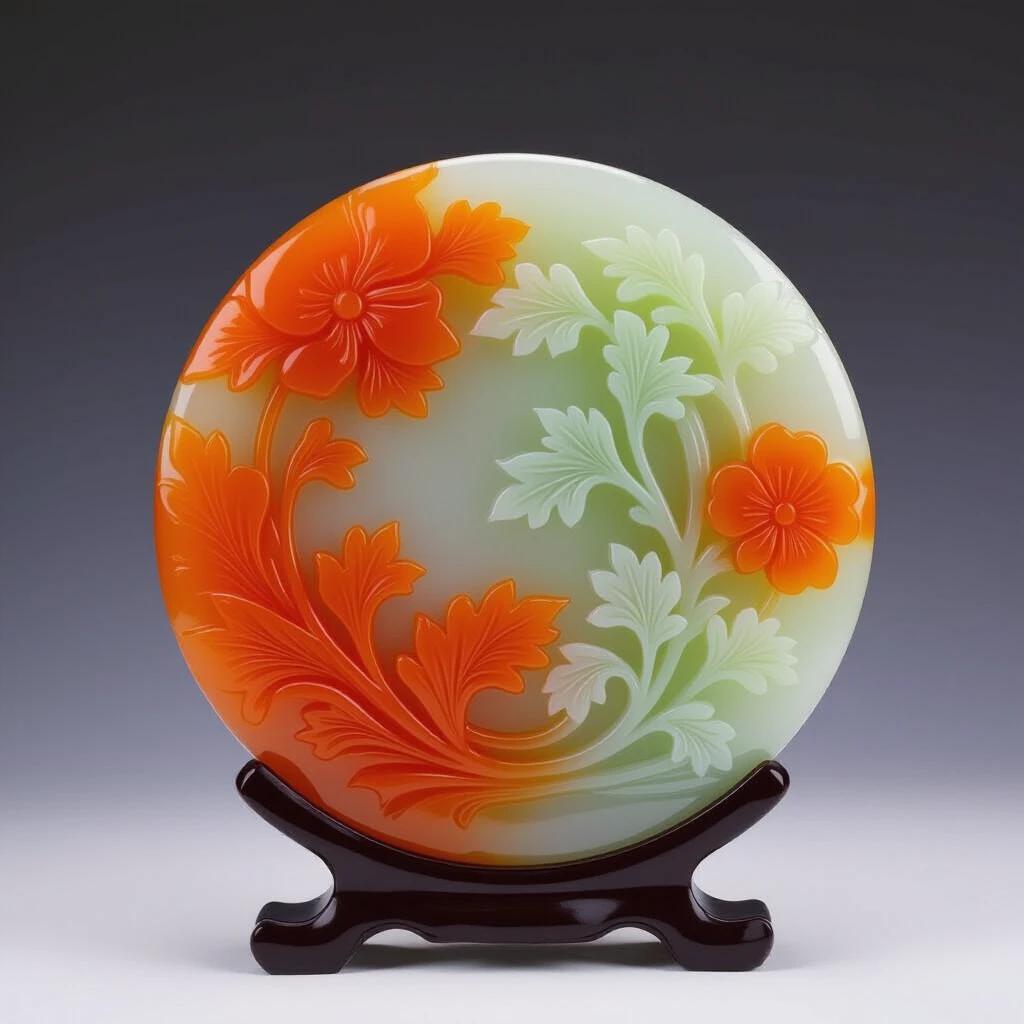 Circular jade plate with floral design carved intricate details featuring orange and green colors displayed on a wooden stand