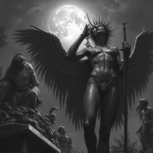 View from below into the sky. Black metal nude girl of the substance of the dark soul holds a sword above her head. A broken infernal machine near a hearse with a coffin. Close-up of milky pupils in black and white. A cry of sadness. Pale silhouettes of mertvets in the background. A cemetery near a destroyed marble angel statue of a Gothic crypt. Spirals of an afterlife shower. Terrible moonlight. Style of tempera oil on graphite.