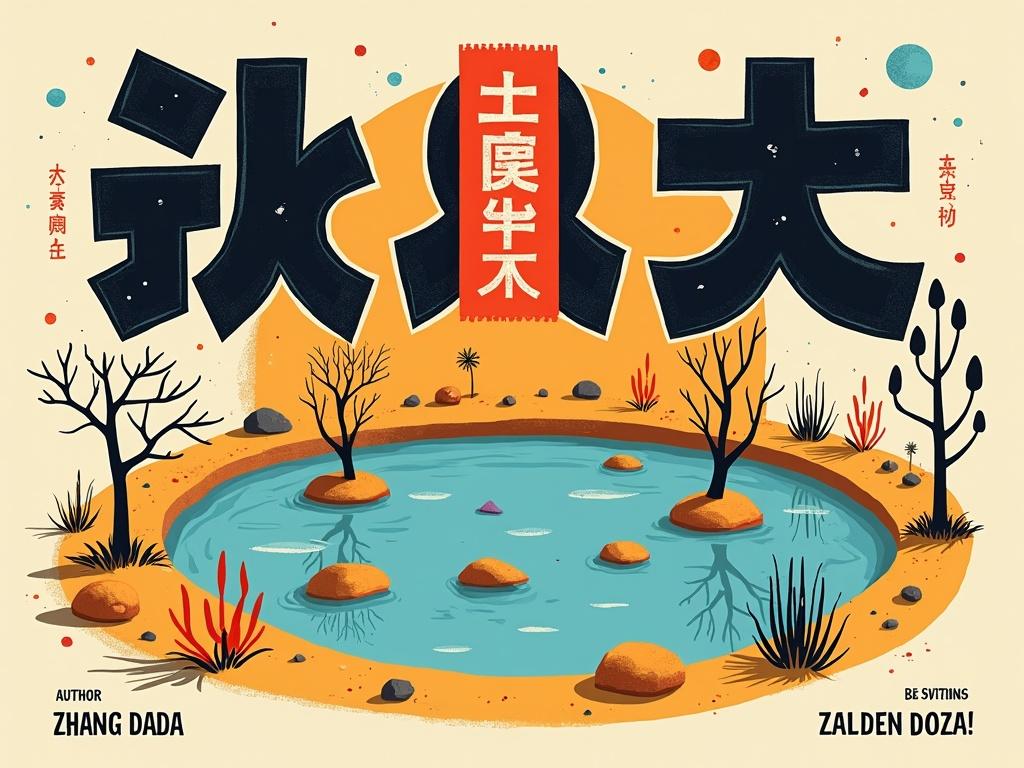 Surreal modern graphic poster design. Bold colors and playful elements. Title in Chinese characters reads '我是谁, 我在那里'. Subtitle '你好啊'. Author information 'Zhang Dada'. Background features a clear Walden Pond. Text decorations and borders around words.