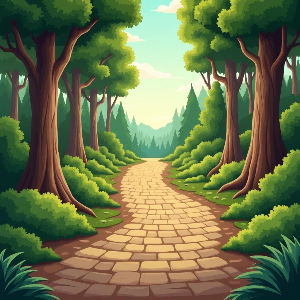 Cartoon illustration of a brown cobblestone path in a forest with lush trees and bushes. Path leads through vibrant green foliage under a bright sky.