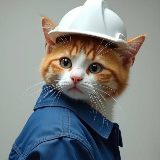 A semi-realistic cat in a white hard hat and blue work jacket shows a confused expression. The cat looks back over its shoulder with puzzled eyes and a slight head tilt.