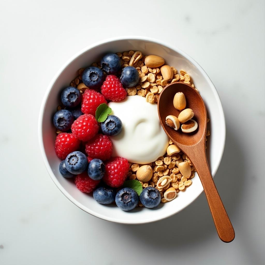 A large bowl of granola with creamy yogurt and topped with blueberries and raspberries. Crunchy hazelnuts add texture. A wooden spoon is inside the bowl. The background is a smooth, light-colored surface. Ideal for a healthy breakfast or snack.