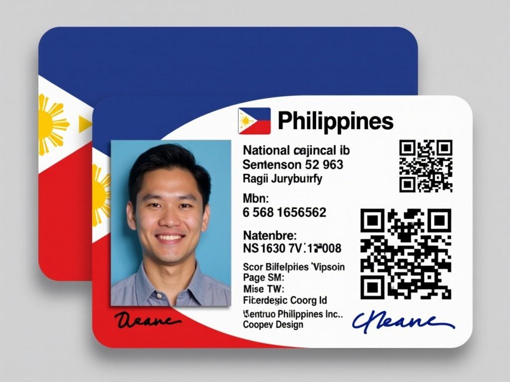 The image depicts a Philippine National ID featuring vibrant colors that reflect the country's flag. Centrally placed is a portrait of a person, serving as the main focal point. The ID includes various identifying details, such as a unique identification number and a QR code for verification purposes. Its professional layout ensures clarity in text and graphical elements. The bright background colors symbolize national pride, while the overall appearance captures a modern yet formal design. This ID is essential for identification in numerous contexts, showcasing the significance of national identity.