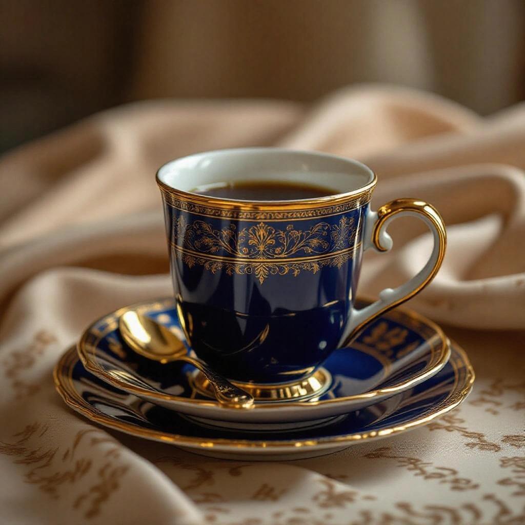 Beautiful luxury style coffee and saucer set. Royal colors with artistic designs. Vintage coffee mug with gold rim on matching saucer. Soft beige tablecloth adds warmth. Background is softly blurred to enhance the focus on the mug.