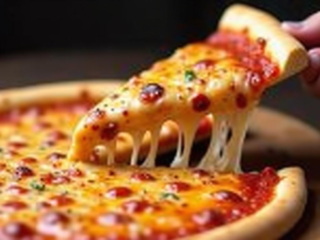 A slice of pizza is being lifted from the rest of the pie. The pizza has golden, melting cheese that stretches as the slice is pulled away. A red sauce is visible beneath the cheese, with toppings scattered across the surface. The crust is slightly crispy and golden brown. The background is softly blurred, focusing the viewer's attention on the delicious slice of pizza.