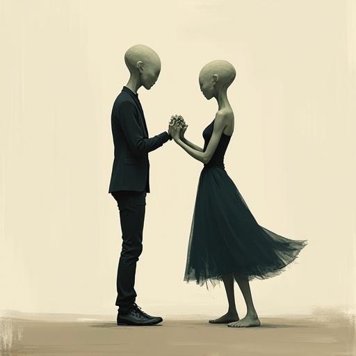 A surreal dance between a perfectly balanced body alien with a bald human head and a humanoid figure. The couple expresses a dreamlike quality through their minimalist composition. The artwork showcases contemporary digital painting techniques featuring abstract shapes and textured strokes.