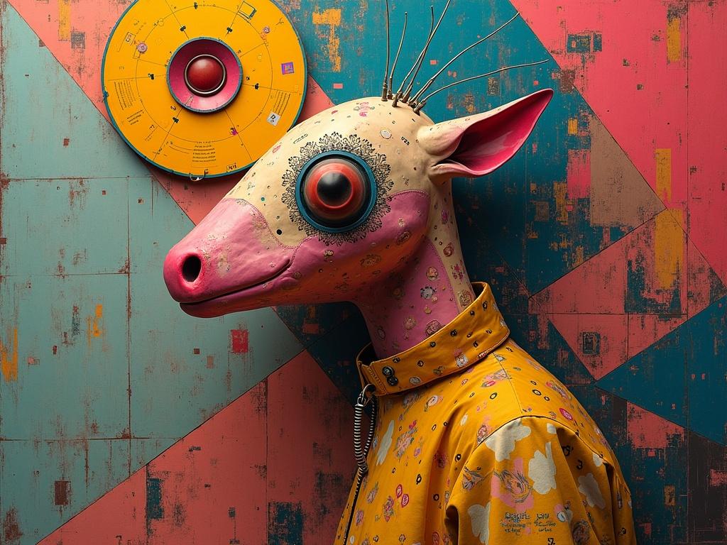 Surreal illustration featuring a stylized deer-like creature with an elaborate head design vibrant colors and geometric background elements. Inspired by contemporary artists with a neonpunk vibe.