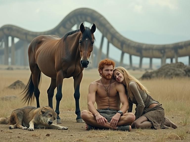 Image shows a slender man with red hair sitting cross-legged. He has a friendly smile. A woman kneels beside him, half healthy and half decomposed. A large wolf-like creature lies next to the man, relaxed and watching. A powerful horse stands behind them with multiple legs. In the background, a gigantic serpentine figure stretches across the horizon, giving a sense of scale.