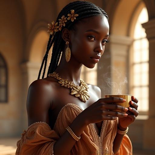 Fantasy portrait of Laphidhea resembling a goddess. Dark-skinned with glowing cocoa skin. Braided hair with golden threads. Wearing a chocolate gown flowing like silk. Golden cacao flower jewelry. Holding a steaming magical cup of cocoa. Background with medieval stone hall and golden light.