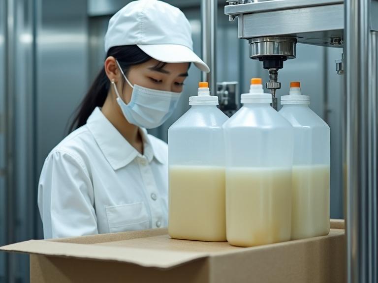 In a food factory, a Japanese female worker wears clean white clothes and a hat and mask. She operates a liquid filling machine for a 20 liter bag-in-box container. A cubic square vinyl container is set in a cardboard box. High resolution and realistic photo.