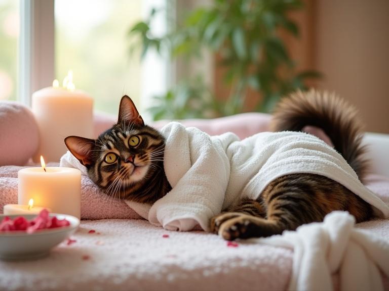 A tortoiseshell cat lounges on her side in a luxurious spa setting. The cat wears a fluffy white robe. The expression is confident and playful. The tail is elegantly curled. Surroundings include scented candles, rose petals, and herbal tea. Background features soft pastel colors with sunlight from a window.