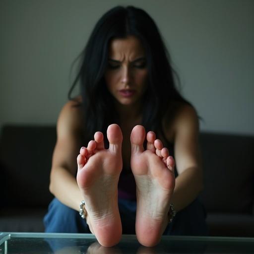 Mature goth woman with long black hair shows injured soles of bare feet. She sits on a couch with her feet on a glass table. She appears worried.