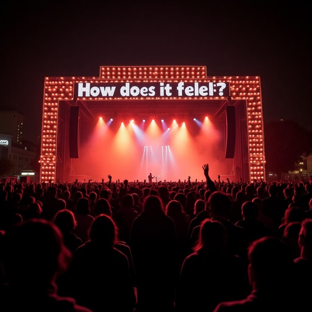 Marquee at music venue displays How does it feel. Audience stands in front. Bright stage lights illuminate the area. Evening setting with dark background.