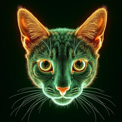 wire frame style of a cat face using green and orange colors in a studio shot with super realistic features