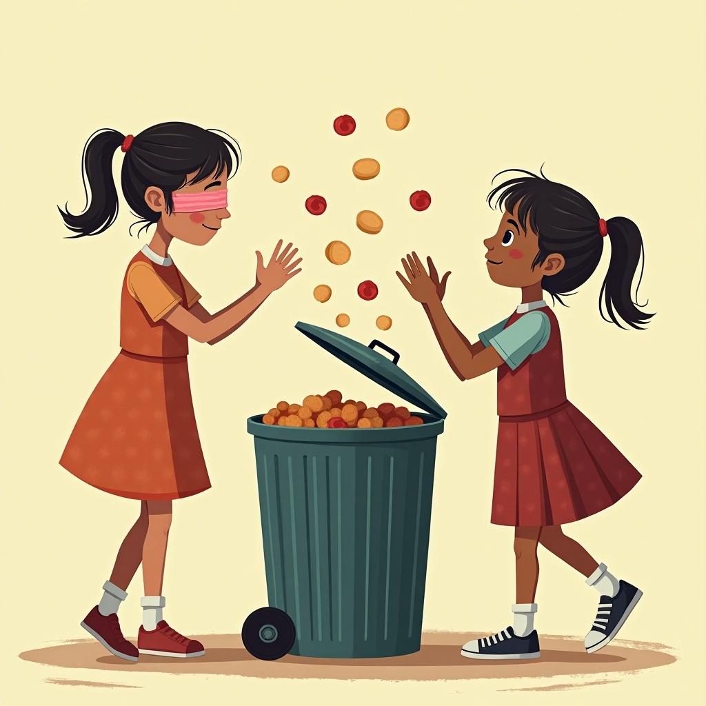 Two girls in skirts are interacting in a playful manner. One girl, blindfolded, throws food into a green dustbin. The other girl picks up food from the dustbin with a smile. The setting conveys a sense of engagement and childhood playfulness.
