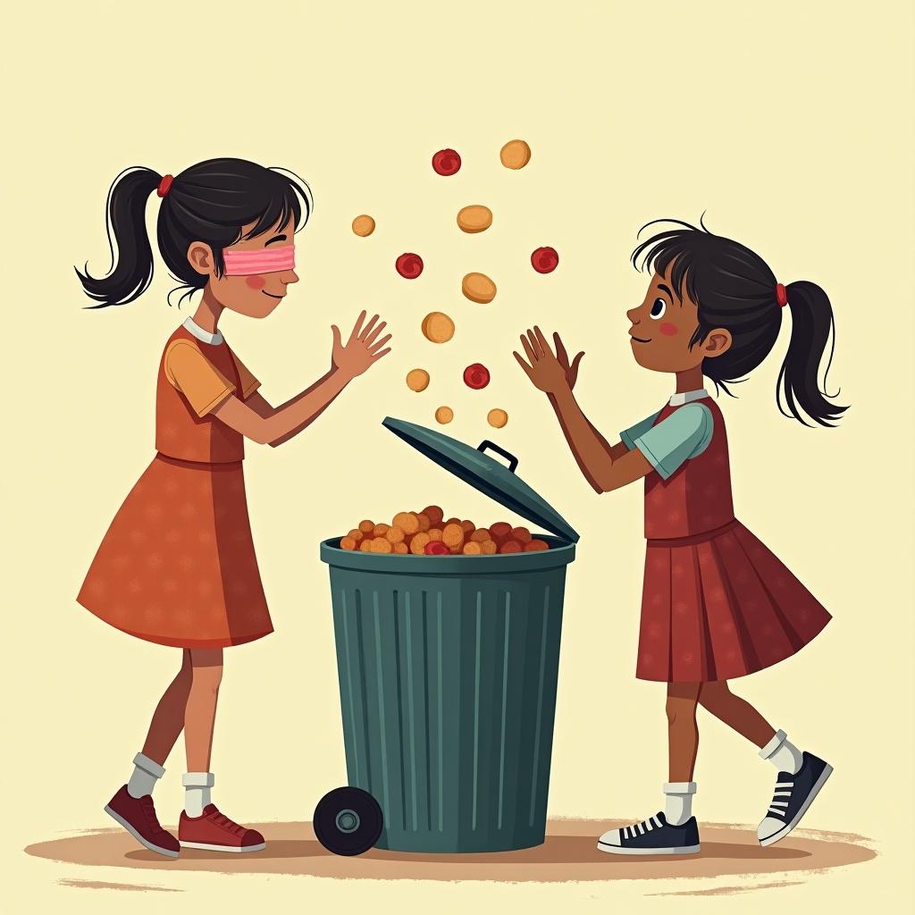 Two girls in skirts are interacting in a playful manner. One girl, blindfolded, throws food into a green dustbin. The other girl picks up food from the dustbin with a smile. The setting conveys a sense of engagement and childhood playfulness.