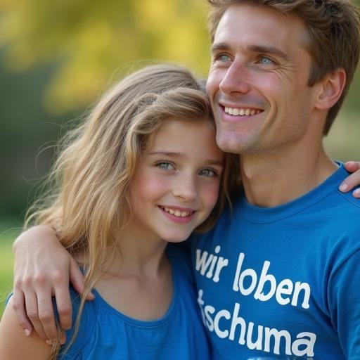 Blonde girl in blue shirt with ‘wir lieben tschuma’ next to a brown haired girl and a Russian guy outdoors. They appear cheerful and content together.