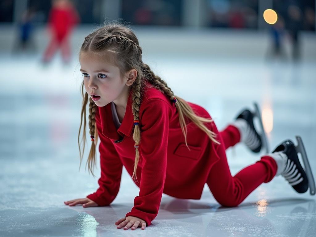 A young girl is ice skating on a rink while wearing a bright red outfit. She has fallen onto the ice and is sitting on the ground. One of her hands is extended outwards, possibly to regain balance or to push herself back up. The ice rink surface reflects the surrounding lights, giving it a shiny appearance. The background features blurred elements of the rink, creating a sense of space and depth. The girl has long, braided hair that cascades down her back. She is wearing ice skates, and her expression is one of surprise or concentration as she attempts to get back on her feet.