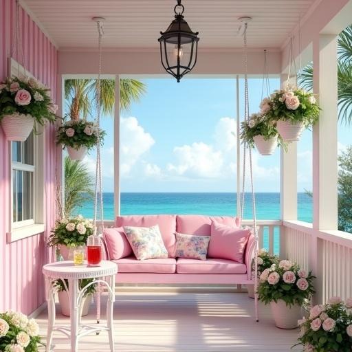Light pink and white porch with shabby chic cottage style swing. Light pink swing has light pink and light blue rose print pillows. White hanging baskets filled with hydrangea and roses. Round white wicker table has pitcher of strawberry lemonade and two glasses. View features beach, blue sky, white and light pink clouds.