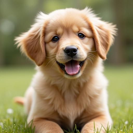 A cute dog sitting on green grass. The dog has fluffy hair and appears calm and friendly. The sun shines softly on the dog's fur, showcasing its warmth and personality.