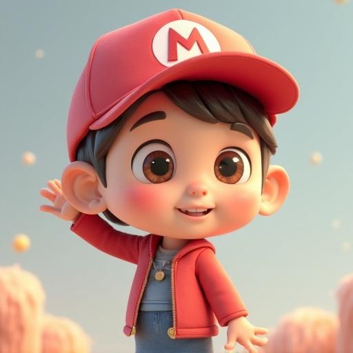 3D character wearing a red cap with an iconic logo. Character has a cheerful expression and is standing in a playful pose. The background features soft shapes and pastel colors.