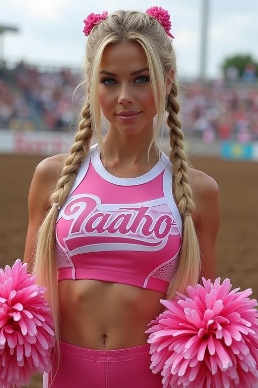 Attractive woman with long blonde hair in two ponytails. She has blue eyes. She wears a pink and white latex cheerleader uniform. She holds pom poms and cheers at a rodeo.