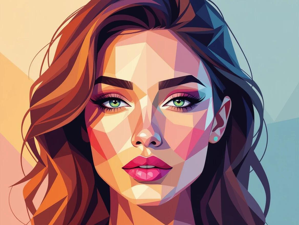 Half face rendered in geometric low-poly style. Angular faceted surfaces create depth. Gradient color transitions from warm to cool tones. One side realistic while the other is completely geometric. This image showcases a modern digital art aesthetic with clean vector-like appearance. Bold color blocking emphasizes the minimalist composition.