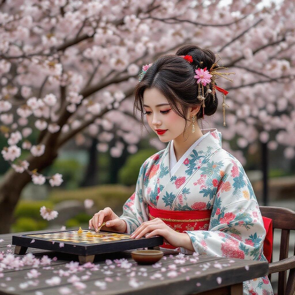 A young woman plays Go beneath cherry blossoms. She wears a floral kimono and has styled hair with flowers. Warm light enhances a serene atmosphere.