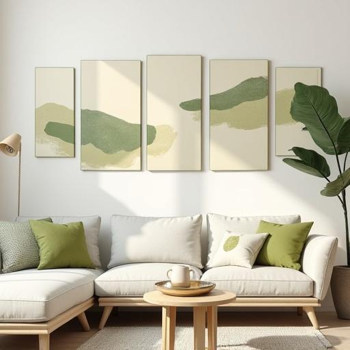 A light beige mural serves as the background. It features olive green and some white designs. Composed of five square images. Designed for decorating a living room in a modern minimalist style.