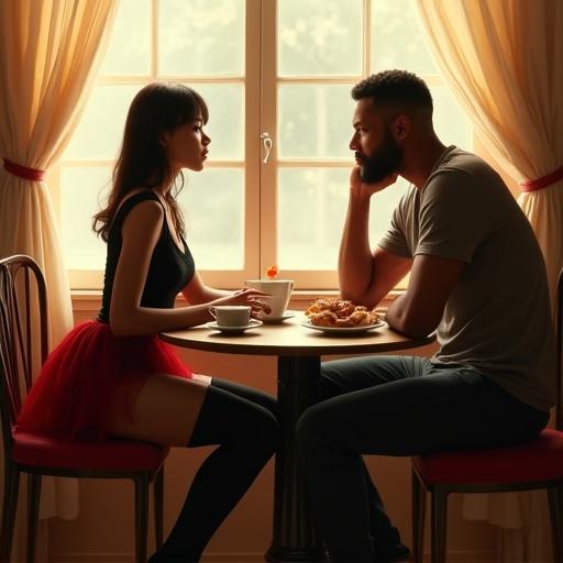 romantic indoor café scene with a Japanese woman and a Black man at a small table. Soft morning light enters through the window. Woman in a black blouse and red skirt, confident expression. Man in simple but neat clothing, looking with admiration. Golden sunlight illuminates the pastries on the table creating warm ambiance