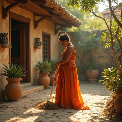 A woman grinding grains in a stone house courtyard. Warm golden morning light illuminates the scene. A wicker basket of freshly baked bread beside her. She wears a saffron-colored dress. There is soft steam rising from the bread.