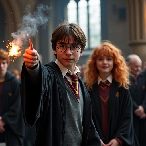 Young wizards casting spells at Hogwarts. Characters are smiling. Scene depicts a magical moment in a historical setting.