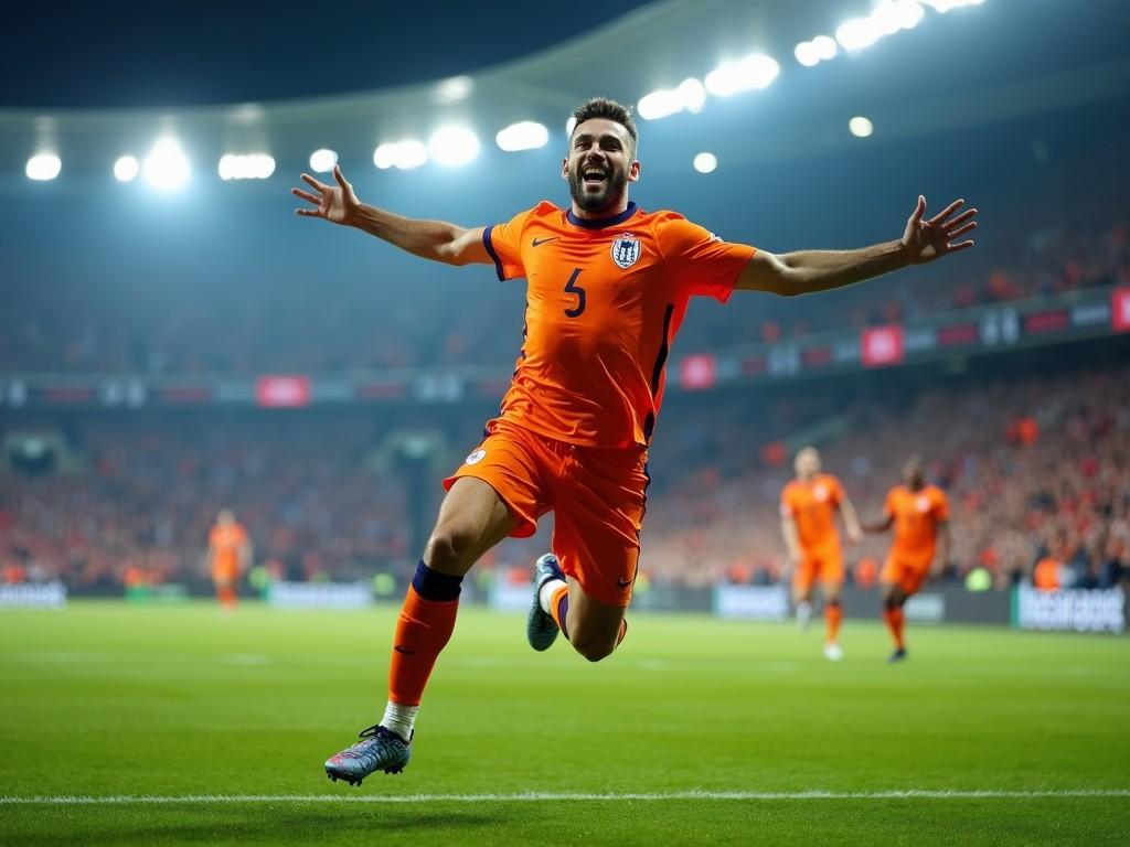 The image depicts a soccer player in an orange uniform, joyfully leaping in celebration after scoring a goal. The background illustrates a packed stadium filled with passionate fans, radiating excitement for the sport. Bright lights enhance the atmosphere, focusing on the player's exhilarating moment. His enthusiasm symbolizes the thrill of soccer matches worldwide. The scene captures the essence of sporting achievements and fan engagement.