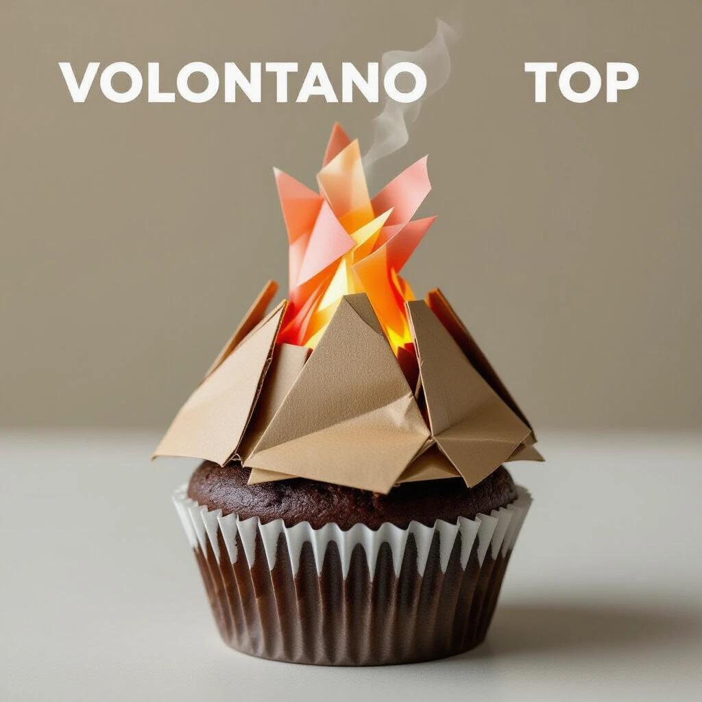 Visually intriguing cupcake with origami-style paper cup. Volcano top made of torn cardboard and kraft paper. Delicate plume of tissue paper fire erupts from crater. Flat materials create dimensional drama with crumpled folds and matte textures.