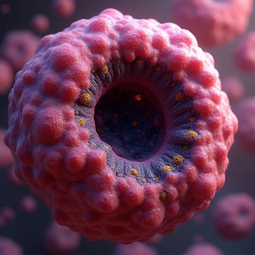 Large spherical tumor mass shows many cancer cells embedded within healthy tissue. The tumor center is dark indicating necrosis. Color gradient from dark purple and blue to pinkish-red is visible. Golden particles representing HIF-1α accumulate in the nuclei. Surrounding tissue appears well-vascularized and healthy pink. Cross-section view is at microscopic level. Internal glow emphasizes hypoxia. 3D rendering in a medical animation style is evident.