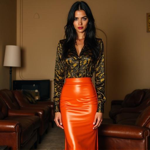 Photo of a woman in a webcam setting. She wears a shiny black and yellow patterned silk shirt over an orange PVC latex long pencil skirt. Long skirt underneath long-sleeved buttoned satin shirt. Heeled shoes included. Intimate setting with soft lighting.