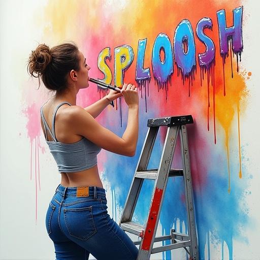 Woman perched on a stepladder painting a mural in her studio. Brush in mouth. Crop top shows a neon brushstroke logo. Word is 'SPLOOSH' in graffiti-drip font. Colorful paint splatter for the 'O'.