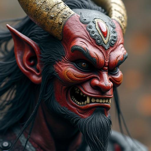 Close-up shot of a Japanese god of death featuring prominent horns and an expressive face. Captures intricate details of the features and cultural elements.