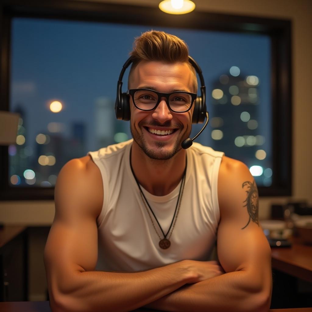 Realistic image of a handsome man wearing a headset and a sleeveless t-shirt. He has muscular shoulders and a necklace. The setting is warm and cozy with a table in front and skyscrapers visible at night through a window.