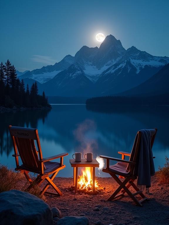 A serene camping scene by a mountain lake at night. Bright campfire glows in front of two wooden chairs. Steam rises from two white mugs on a rustic wooden table. Snow-capped mountains rise in the background. Full moon reflected on the calm water surface. Tranquil ambiance dominates the landscape.