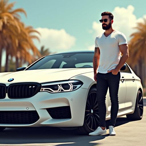 Create an animated image featuring a muscular man with a beard, dressed in black chinos and white sneakers, standing beside a white BMW M5 CS. Include a fit woman in black jeans, black leather shoes, and a white tee.
