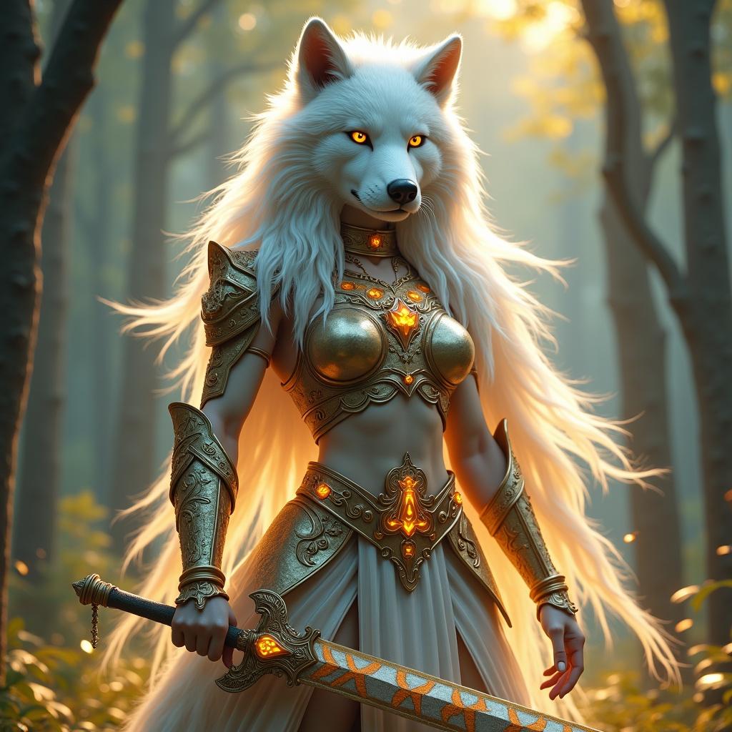 Standing image of a legendary hybrid goddess with a white wolf head. She has long white hair and a golden outfit resembling divine armor. Massive sword with stripes. Commanding stance in a glowing mystical forest. Rendered in ultra-high definition.